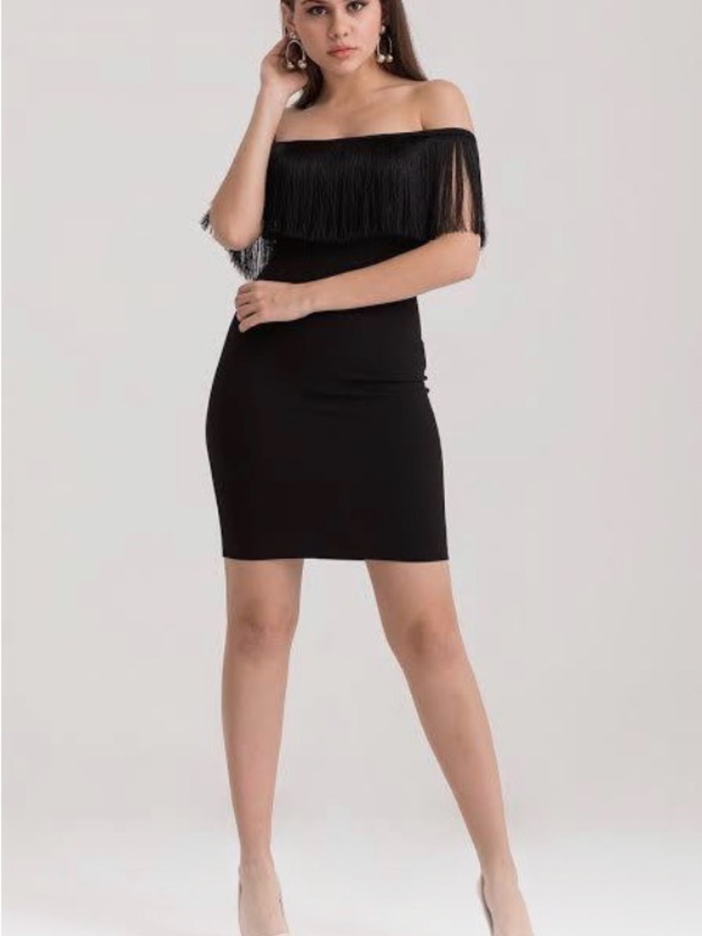 Topshop Black Off-Shoulder Fringe Mini Dress